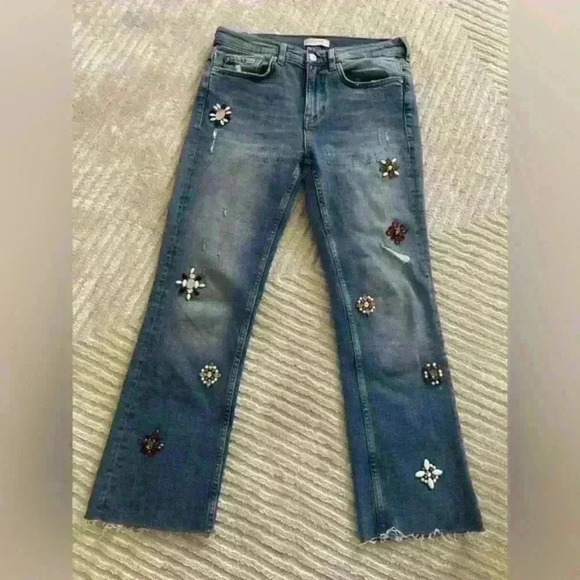 Zara  High Rise Denim Blue Sparkly Bead Rhinestones Jewellery Distressed Size 4 - Picture 2 of 8